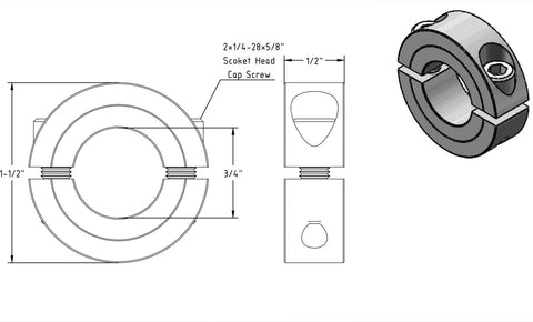 Technical drawing and 3D model of Shaft Collar Carbon Steel Double Split With Set Screw For Machinery And Industrial Use 4 Inch Bore