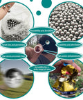 Collage showing 1000 Pcs Five Sixteenths Inch Precision Steel Bearing Balls For Slingshots 8mm Ammo Carbon Steel AISI 1015 in use and close-up