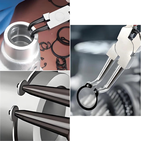 Close-up of Mega Handy 330 Piece Snap Ring Set with E Clips and C Clips for mechanical projects, showing installation and usage.