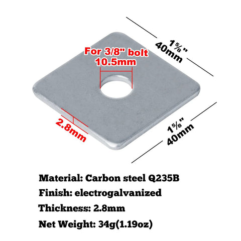 30 Pack Square Washer Plates in carbon steel deliver even load distribution around 3/8 bolt holes, 40x40x2.8mm size and thickness.