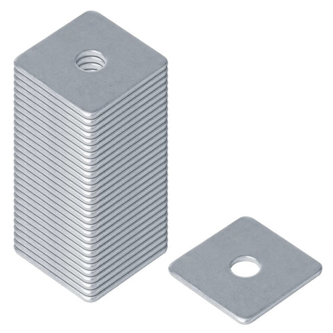 30 Pack Square Washer Plates in carbon steel deliver even load distribution around 3/8 bolt holes, stack view.