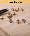 Beefy M4x10mm Carbon Steel Furniture Threaded Inserts Hex Drive Kit For Wood 20 Pcs Fasteners shown being installed in wood.