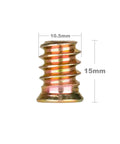 Close-up of 15mm carbon steel wood insert with dimensions; part of 40 Piece Set Of 1 Quarter Inch 20 Threaded Wood Inserts And Furniture Screws.