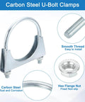 Four piece muffler U-bolt clamp set for one and a quarter inch inner diameter exhaust pipes, showing carbon steel clamps