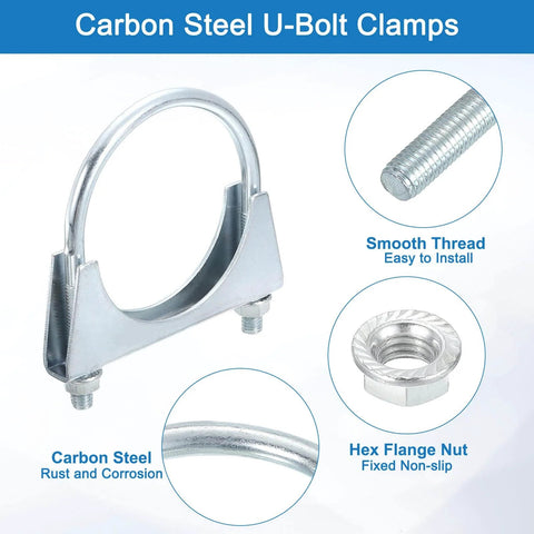 Four piece muffler U-bolt clamp set for one and a quarter inch inner diameter exhaust pipes, showing carbon steel clamps
