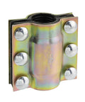 Front view of water pipe repair clamp kit for 1.3 Inch OD pipes, 4 Inch length, carbon steel with rubber liners, two plates, and six bolts.