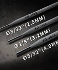 Three sizes of Premium E4303 J422 Carbon Steel Welding Rods, showing 3/32, 1/8, and 5/32 inch calcium titanium coated electrodes