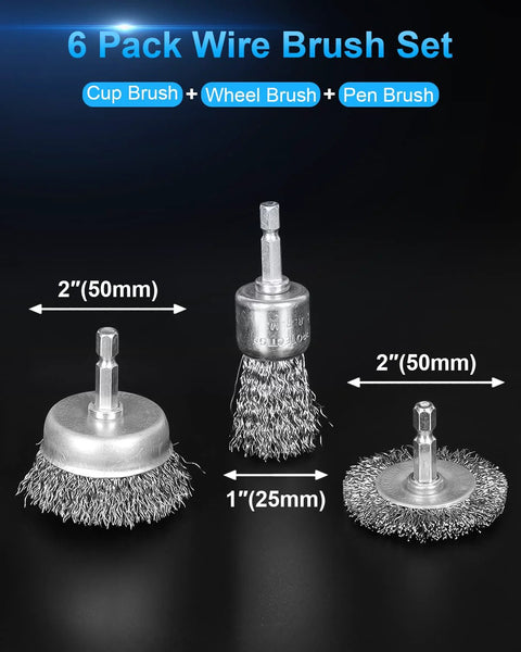 Six Pack Carbon Steel Wire Wheel And Pen Brush Set With One Quarter Inch Hex Shank For Rust Removal And Surface Scrubbing, displaying three brushes including a cup brush, pen brush, and wheel brush, all with dimensions visible.