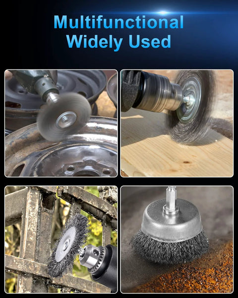 Six Pack Carbon Steel Wire Wheel And Pen Brush Set with One Quarter Inch Hex Shank used for rust and surface cleaning