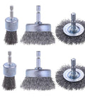 Six Pack Carbon Steel Wire Wheel And Pen Brush Set With One Quarter Inch Hex Shank For Rust Removal And Surface Scrubbing