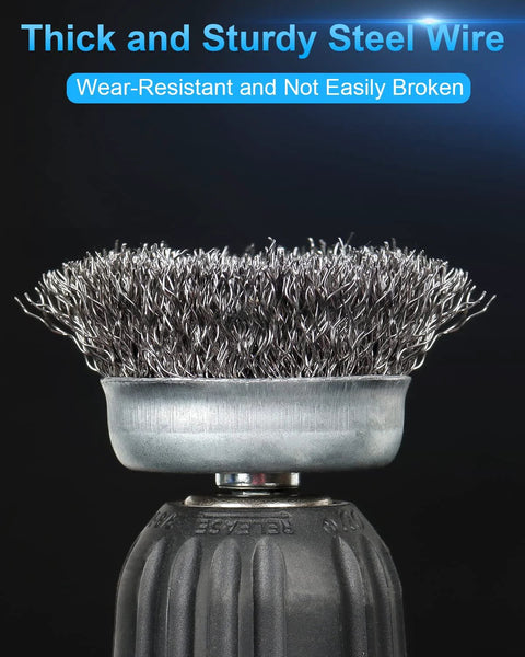 Close-up of a Six Pack Carbon Steel Wire Wheel And Pen Brush Set With One Quarter Inch Hex Shank For Rust Removal And Surface Scrubbing brush