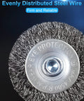 Close-up of a wire wheel brush from Six Pack Carbon Steel Wire Wheel And Pen Brush Set With One Quarter Inch Hex Shank For Rust Removal