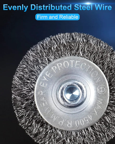 Close-up of a wire wheel brush from Six Pack Carbon Steel Wire Wheel And Pen Brush Set With One Quarter Inch Hex Shank For Rust Removal