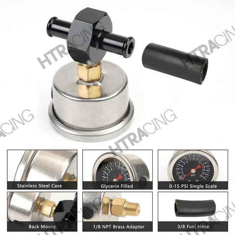Street Ready Fuel Pressure Regulator With Gauge, Glycerin Filled, Stainless Steel Case, 1/8 NPT Adapter, 3/8 Fuel Hose, Universal Fit