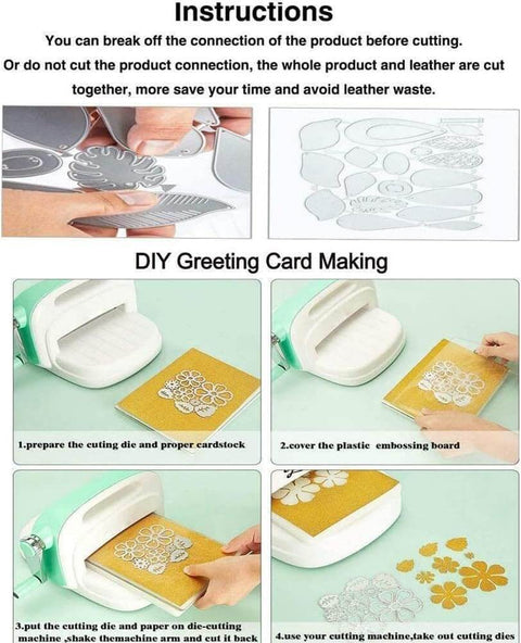 Instructions on using Steampunk Gear Die Cuts for Card Making and Scrapbooking, Metal Cutting Dies for Embossing and Cut Outs shown.