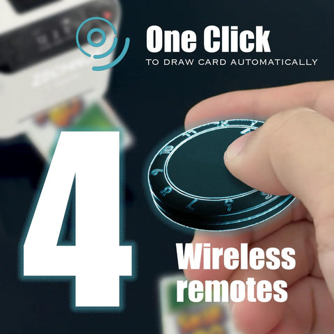 Hand holding wireless remote for Smart 2-In-1 Card Shuffler And Dealer For Up To 12 Players, with text stating '4 Wireless remotes'