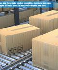 Boxes on a conveyor system with text about DIY rack assemblies for creating custom conveyor setups.
