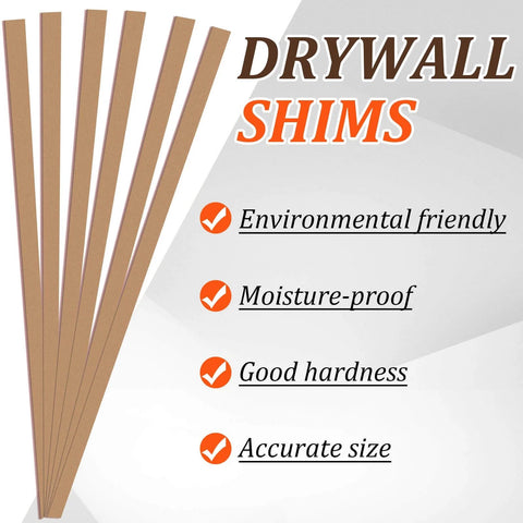 100 Cardboard Drywall Shims Wallet Shims For Butt Joints And Leveling Baseboards Flush Out Bullnose Corner Adaptors And Straighten Uneven Wall Studs Or Joists Forty Five By One And One Half By One Sixteenth Inch packaging showing features like environmental friendly, moisture-proof, good hardness, accurate size.