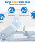 Trailer Door Latch Kit With Cam Lock And Keeper For Cargo And Enclosed Trailers Includes Ramp Locking Hasp And Anti Theft Screws And Anti Loose Nuts 2 Pack. Close-up of galvanized steel latch with weather-resistant features.