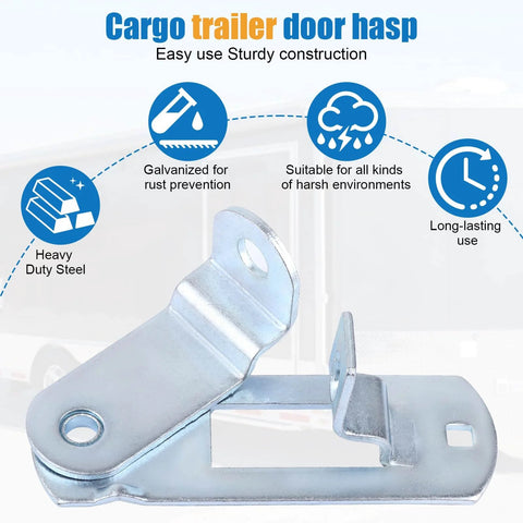 Trailer Door Latch Kit With Cam Lock And Keeper For Cargo And Enclosed Trailers Includes Ramp Locking Hasp And Anti Theft Screws And Anti Loose Nuts 2 Pack. Close-up of galvanized steel latch with weather-resistant features.