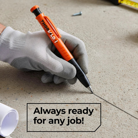 Person using 3-in-1 carpenter pencil on concrete showcasing on-site marking made effortless with built-in sharpener and pocket clip.