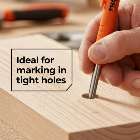 On-site marking made effortless with this 3-in-1 carpenter pencil featuring a comfortable finger grip used on wood surface.