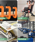 Four-image collage showing clamps for carpentry, a man exercising in a gym, a mobile furniture setup, and machinery in a workshop.