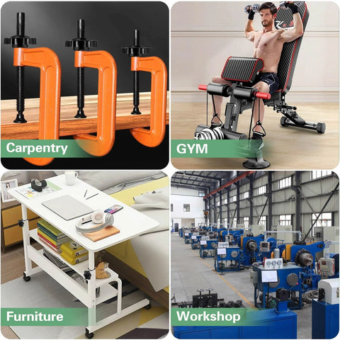 Four-image collage showing clamps for carpentry, a man exercising in a gym, a mobile furniture setup, and machinery in a workshop.