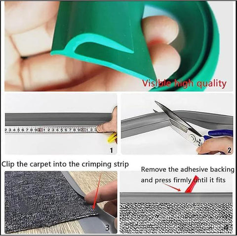 Carpet to Tile Transition Strip application with measurement and installation steps, showing cuttable edge and adhesive backing.