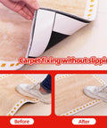 Close-up of carpet with non-slip mat adhered underneath, showing before and after effect of secure fixing on tile floor.