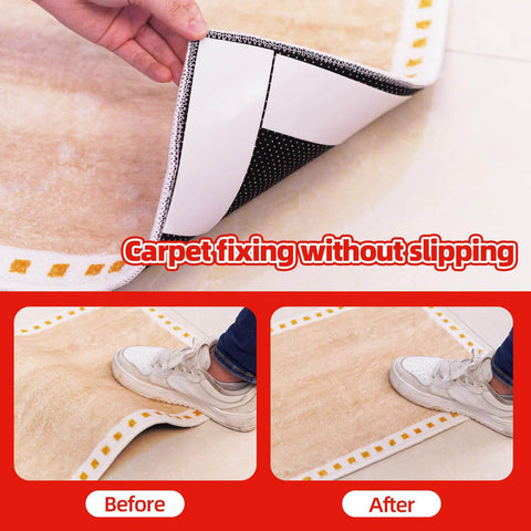 Close-up of carpet with non-slip mat adhered underneath, showing before and after effect of secure fixing on tile floor.