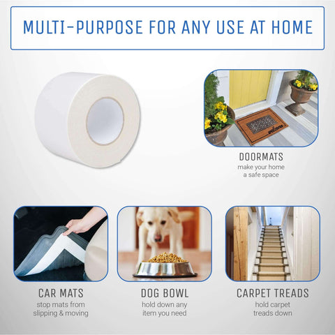 Heavy Duty Double Sided Carpet Tape 2 Inch By 40 Yard For Rug And Carpet Underlayment shown with various home uses