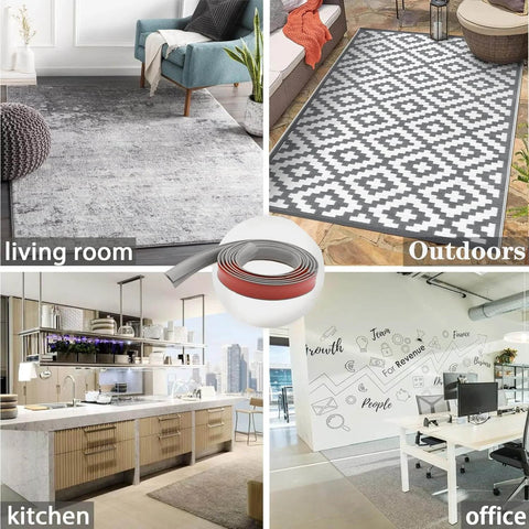 Carpet to Tile Transition Strip shown in various settings including living room, outdoors, kitchen, and office, highlighting versatility.