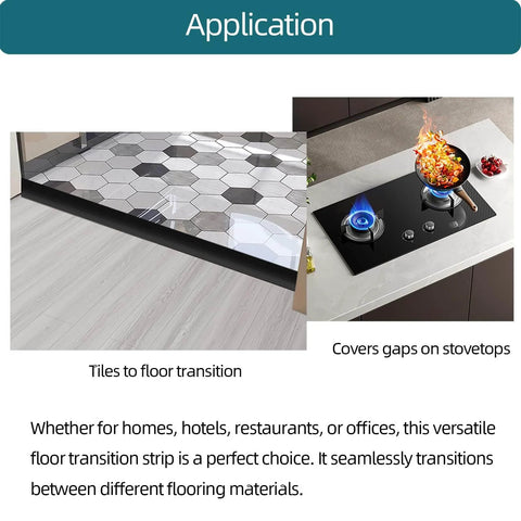 Carpet Floor Transition Strip, Self-Adhesive Carpet to Tile Transition Edging Trim Suitable for Door Threshold/Wood Floor, Cover Height Within 5mm - Black(20Ft) in application scene, transitioning tiles to wood floor and covering gaps on stovetops.