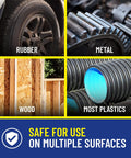 Various surfaces including rubber, metal, wood, and most plastics with text 'Safe for use on multiple surfaces'.