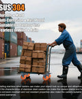 3 inch stainless steel caster wheels with total lock brake; man pushing cart with boxes outdoors, showcasing SUS 304 durability.