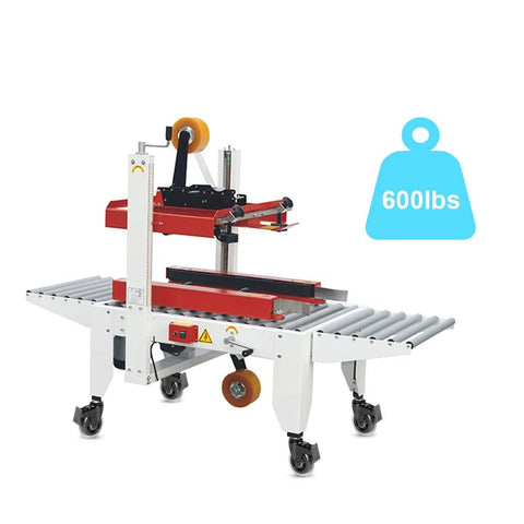Heavy-duty industrial packing machine with rollers and 600 lbs weight capacity, shown on lockable casters.