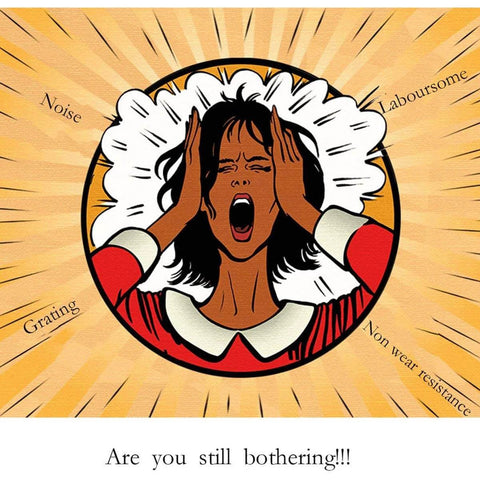 Illustration of a frustrated woman holding her head, surrounded by words like noise and grating, expressing stress and annoyance.