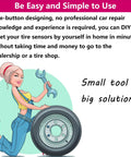 Illustration of a woman with a tire and wrench promoting TPMS Relearn Tool For General Motors Vehicles Including Chevrolet Cadillac GMC Buick With 100 Plus Vehicle Coverage One Button Activation To Quickly Activate Tire Sensors And Reset TPMS Warning Light And Sensor Programming Tool, emphasizing DIY use.