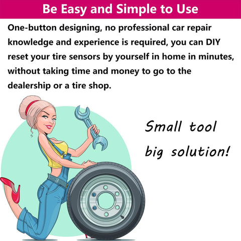 Illustration of a woman with a tire and wrench promoting TPMS Relearn Tool For General Motors Vehicles Including Chevrolet Cadillac GMC Buick With 100 Plus Vehicle Coverage One Button Activation To Quickly Activate Tire Sensors And Reset TPMS Warning Light And Sensor Programming Tool, emphasizing DIY use.