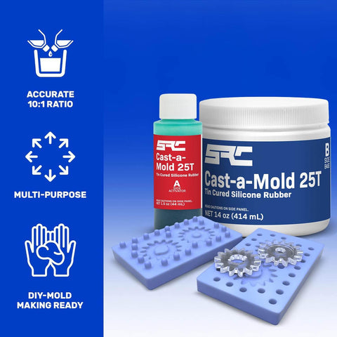 Cast A Mold 25T RTV 16 Oz 2 Part Liquid Silicone Mold Making Kit with blue silicone blocks and gear molds for DIY crafting