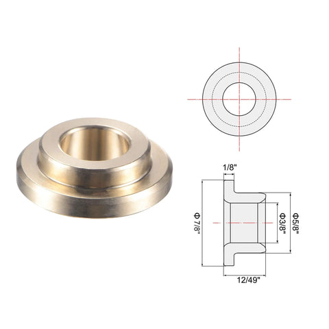 Flanged Sleeve Bearing Three Eighths Inch Bore Five Eighths Inch Outer Diameter Length Twelve Forty Ninths Inch Flange Diameter Seven Eighths Inch Flange Thickness One Eighth Inch Cast Brass Self Lubricating Bushing Oilless Maintenance Free with technical specs