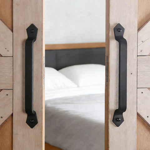 Heavy Duty Cast Iron 11-Inch Barn Door Handle For Sliding Doors, Vintage Long Gate Pull, black finish on wooden doors.