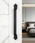 Heavy Duty Cast Iron 11-Inch Barn Door Handle For Sliding Doors attached to a white interior door in bedroom.