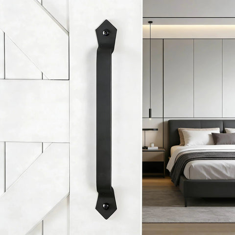Heavy Duty Cast Iron 11-Inch Barn Door Handle For Sliding Doors attached to a white interior door in bedroom.