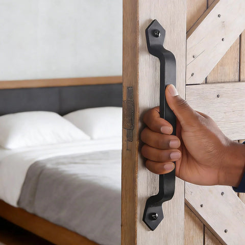 Heavy Duty Cast Iron 11-Inch Barn Door Handle For Sliding Doors, vintage long gate pull in black, installed on a wooden door