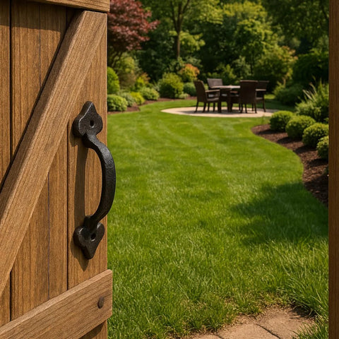 7 Inch Heavy Duty Cast Iron Barn Door Handle installed on a wooden gate in a garden setting, vintage black finish, medieval rustic design.