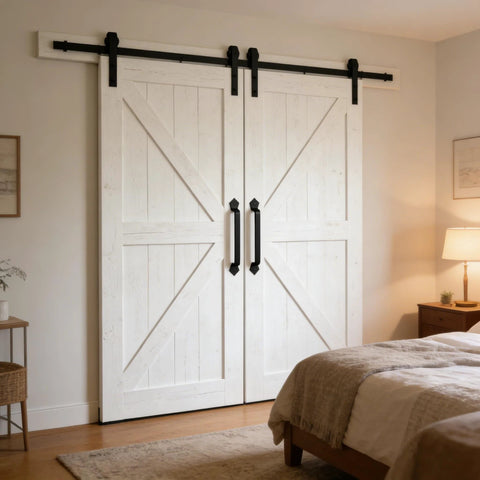 Heavy Duty Cast Iron 11-Inch Barn Door Handle For Sliding Doors, installed on white wooden doors in a bedroom interior.