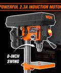 Cast Iron Benchtop Drill Press With 2.3 Amp Motor Eight Inch Swing Five Speed Settings close-up, showing motor and swing.