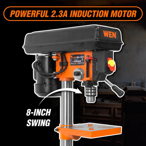 Cast Iron Benchtop Drill Press With 2.3 Amp Motor Eight Inch Swing Five Speed Settings close-up, showing motor and swing.